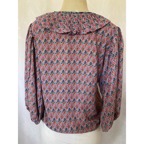 Diane Freis Top Blouse 3/4 Balloon Sleeve Tie Geo Floral V Neck Pleat ta… - Picture 3 of 10